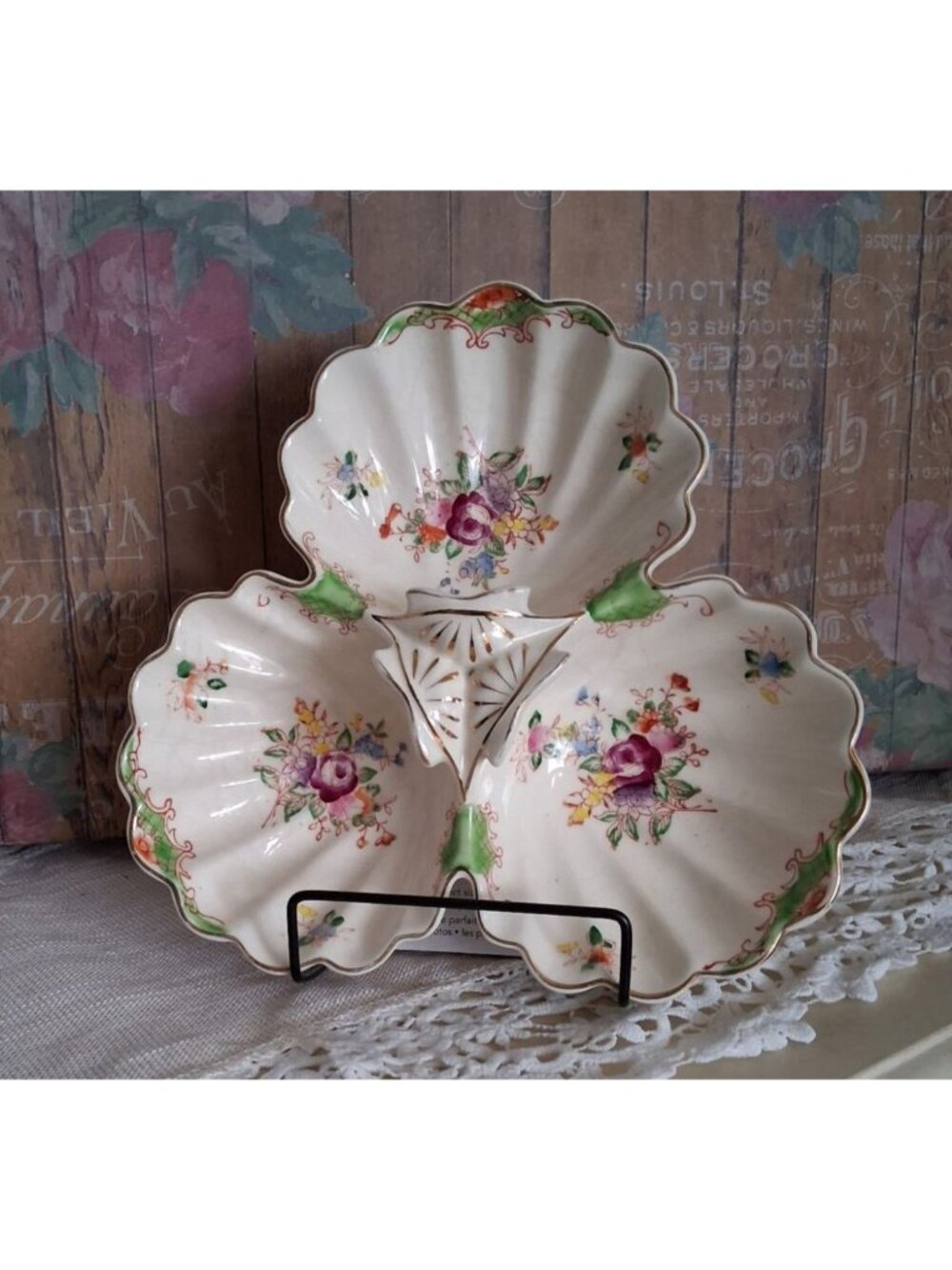 VTG Moriyama Mori-Machi Japan Floral Divided Relish Dish W/Gold Accents Cottage